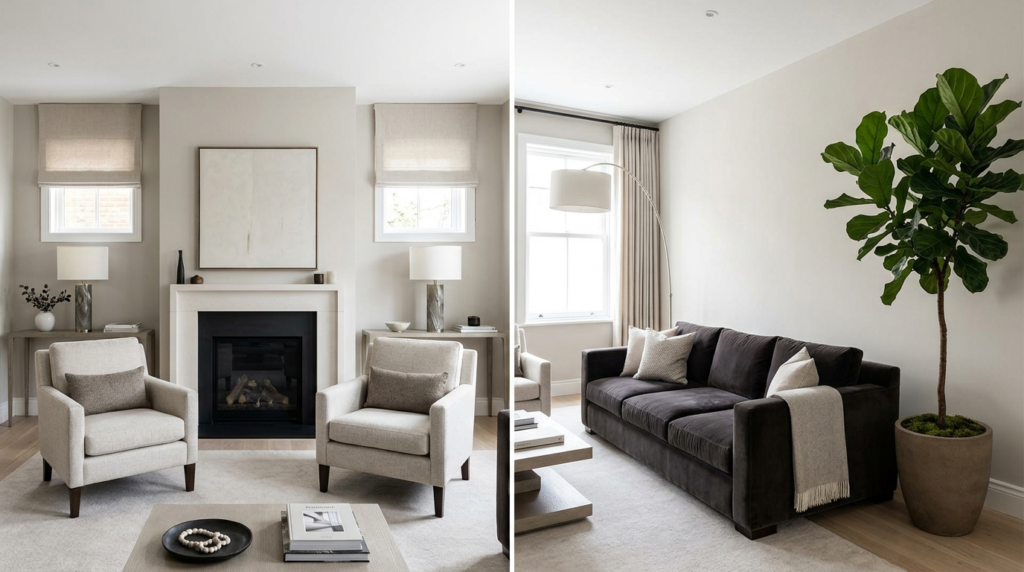 Split view of modern living room showing fireplace with armchairs on left and dark sofa with fiddle leaf fig plant on right