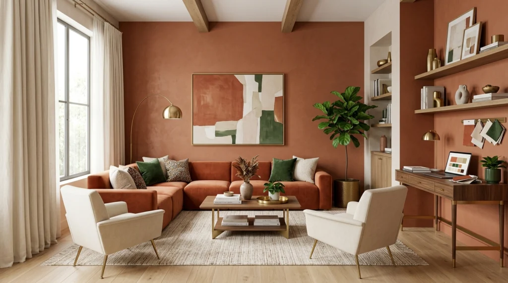 Modern living room demonstrating the 60 30 10 color rule with balanced dominant secondary and accent colors