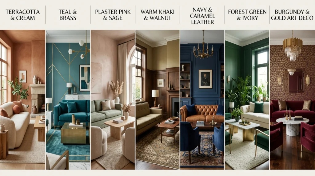 Best living room color palettes for 2026 featuring terracotta teal navy forest green and burgundy interiors