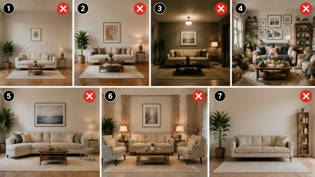 Collage showing 7 common living room decor mistakes with red X marks, including wrong art placement, rug size, and lighting errors