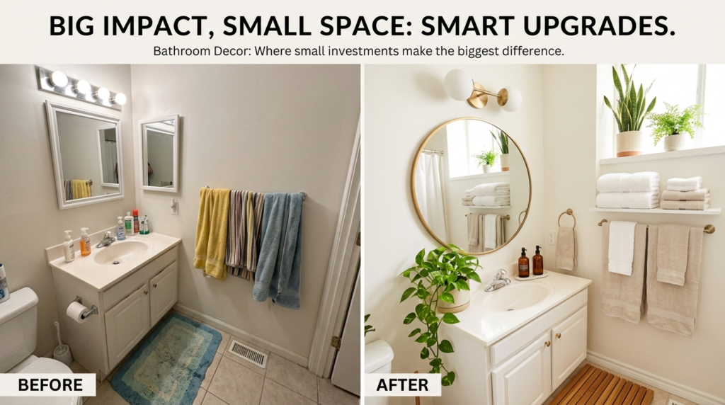 Bathroom before and after makeover showing cluttered vanity transformed into clean space with round mirror and plants