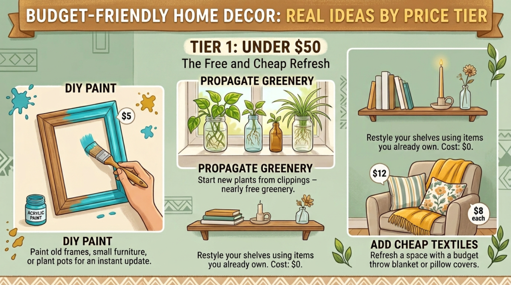Infographic showing budget home decor ideas: DIY paint $5, propagate plants, restyle shelves $0, and cheap textiles $8–$12