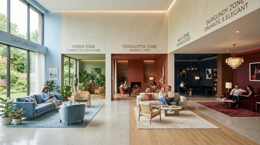 Living room color psychology zones showing how different colors affect mood comfort and atmosphere