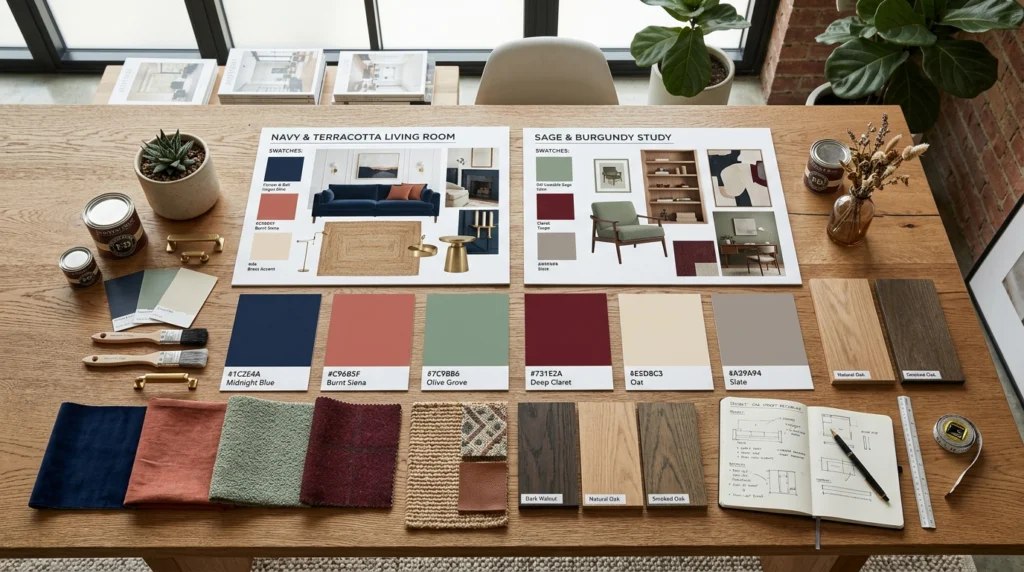 Living room color swatches and paint palette guide with fabric wood and interior material samples