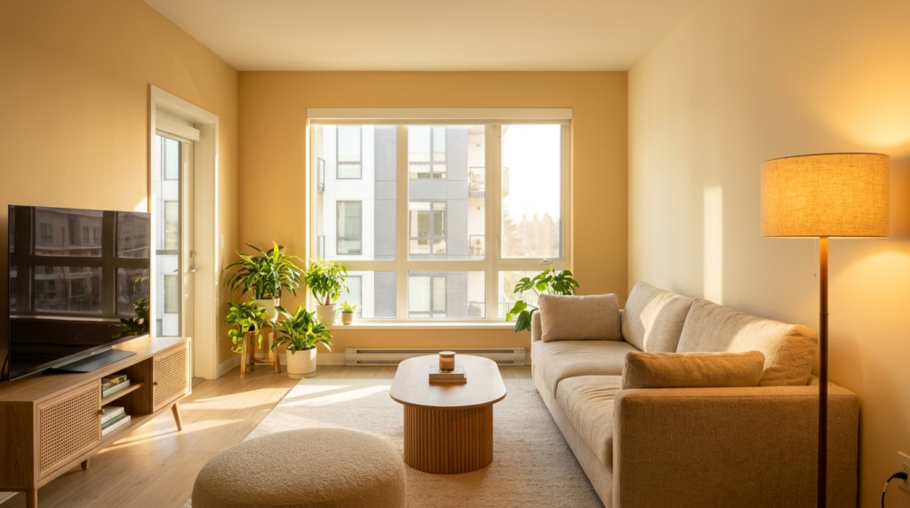 Bright living room with warm yellow walls, natural sunlight, plants, beige sofa, and floor lamp showing cozy color psychology effect