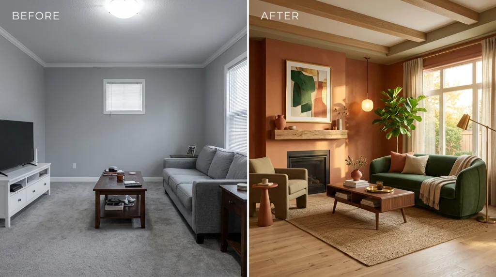 Before and after living room makeover replacing outdated gray colors with warm modern palettes for 2026