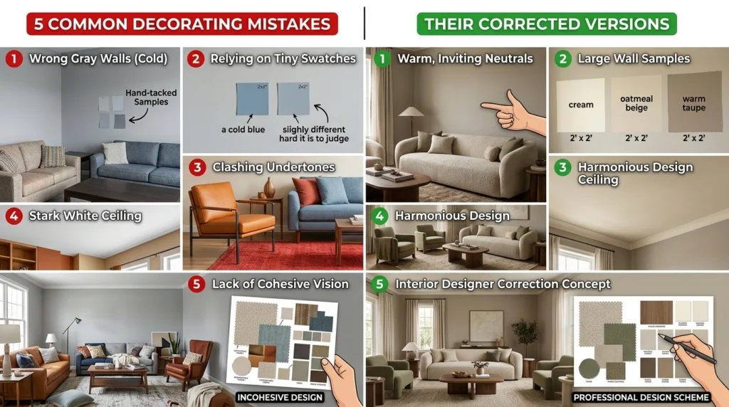 Common living room paint mistakes and professional color correction examples for better interior design