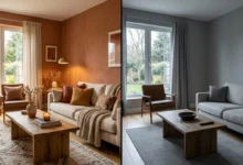 Comparison of warm and cool living room color schemes showing how wall color changes mood and atmosphere