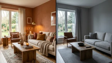 Comparison of warm and cool living room color schemes showing how wall color changes mood and atmosphere