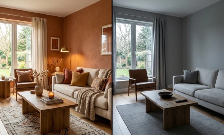Comparison of warm and cool living room color schemes showing how wall color changes mood and atmosphere