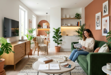 Bright modern living room with green velvet sofa, terracotta accent wall, indoor plants, and woman reading home decor magazine