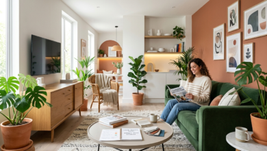 Bright modern living room with green velvet sofa, terracotta accent wall, indoor plants, and woman reading home decor magazine