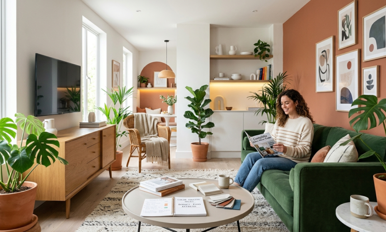 Bright modern living room with green velvet sofa, terracotta accent wall, indoor plants, and woman reading home decor magazine