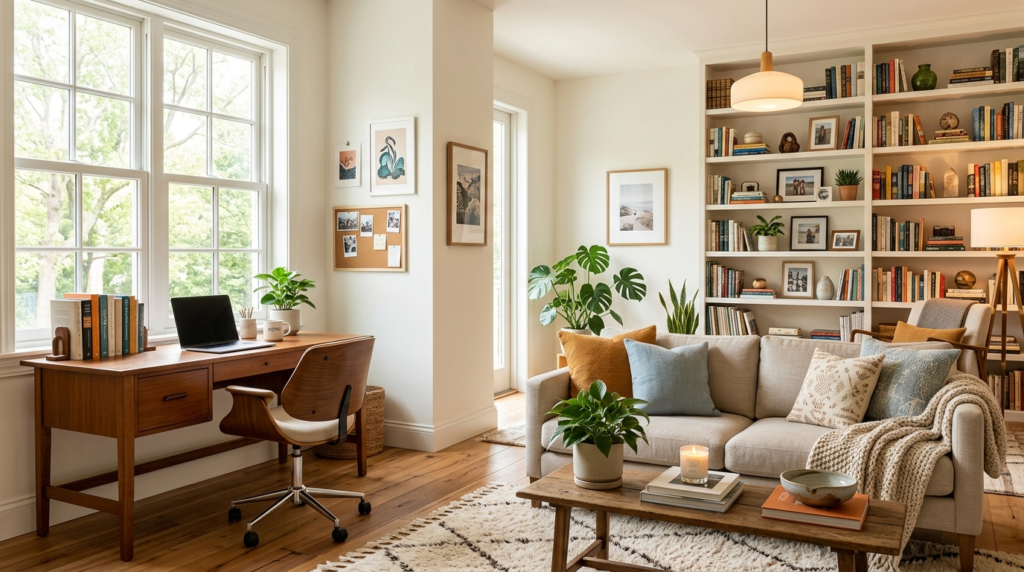 Cozy living room with beige sofa, built-in bookshelf, wooden desk, indoor plants, and warm natural light