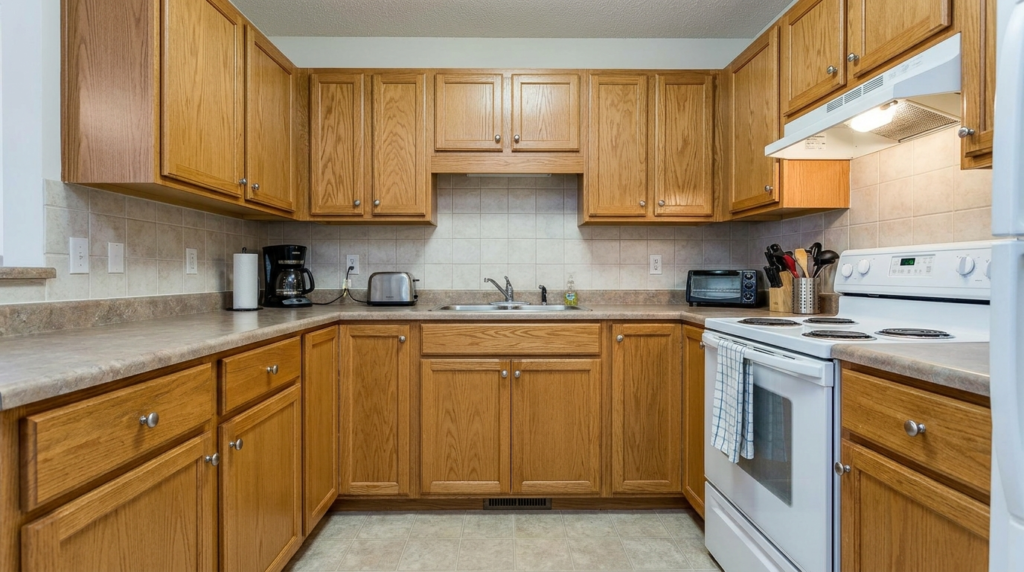 L-shaped kitchen with light oak cabinets, beige countertops, white appliances, and tiled backsplash