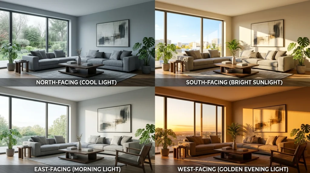 Living room color comparison under north south east and west facing natural light conditions