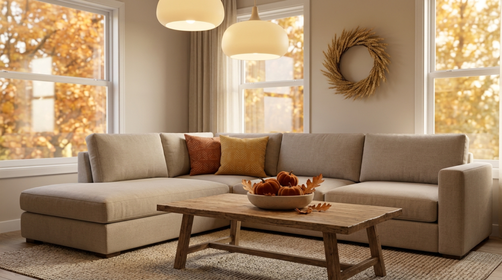 Cozy living room with beige sectional, wooden coffee table with pumpkins and fall leaves, wheat wreath, and autumn view