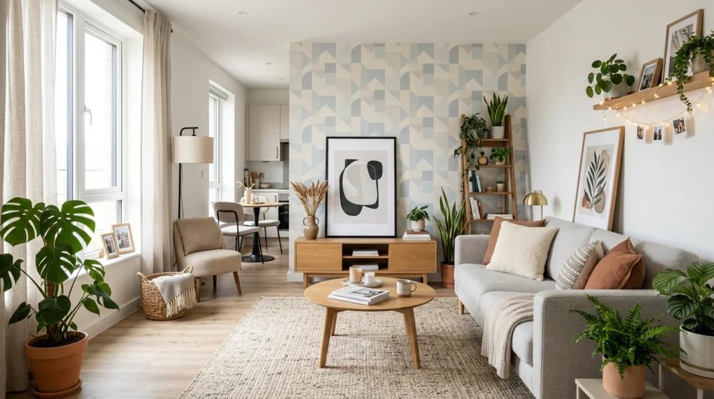 Modern rental apartment decorated with removable wallpaper, framed artwork, and renter-safe home decor ideas