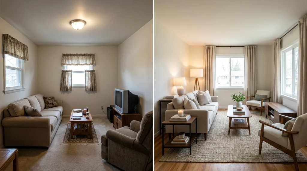 Small living room showing common layout mistakes and smart space-saving design solutions