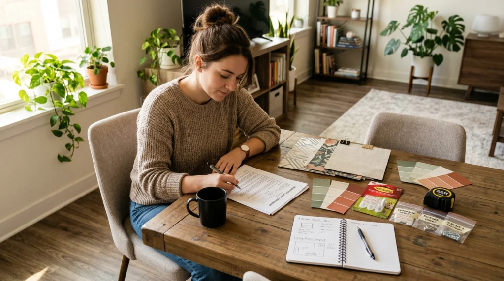 Person planning a rental home makeover with decorating supplies, lease documents, and removable decor accessories