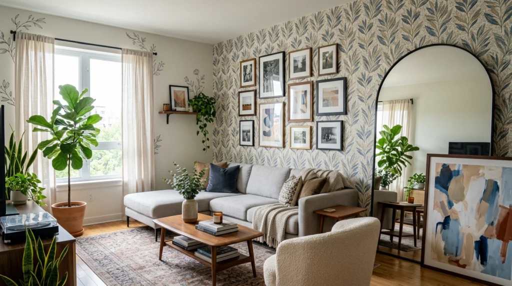 Living room featuring removable wallpaper, adhesive shelves, framed art, and damage-free wall decorating solutions for renters