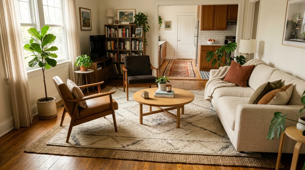 Stylish rental living room with large area rug covering hardwood floor and renter-friendly floor decorating ideas