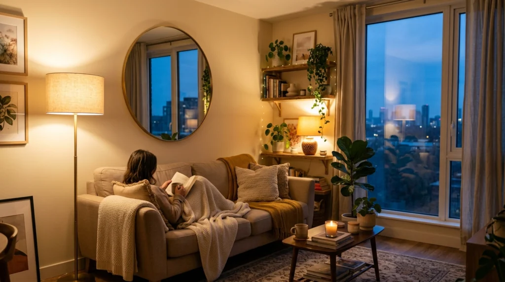 Layered lighting ideas with floor lamps and warm lights for a small living room