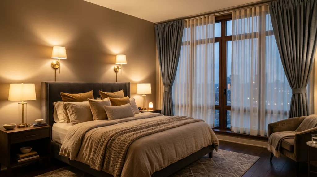 Bright rental apartment with no-drill curtains, floor lamp, natural sunlight, and cozy renter-friendly lighting setup