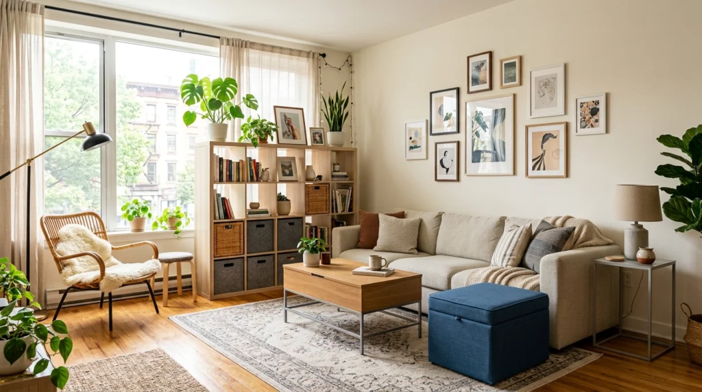 Portable modular furniture arranged in a modern rental living room with multifunctional storage and renter-friendly design