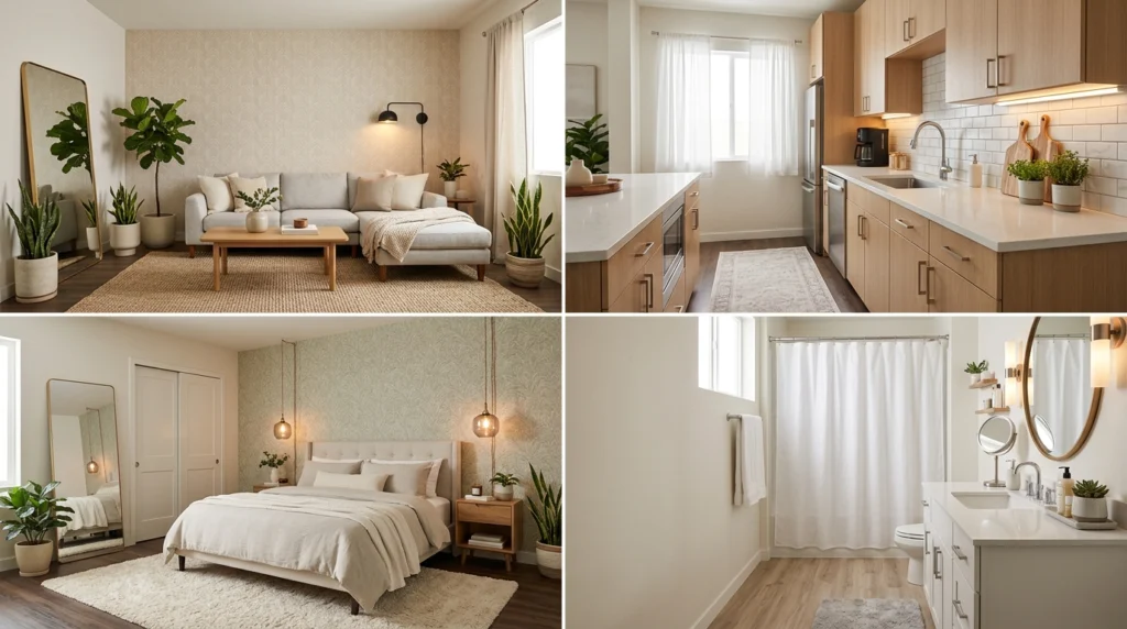 Beautiful renter-friendly bedroom and living space featuring removable decor, plants, soft lighting, and stylish furniture