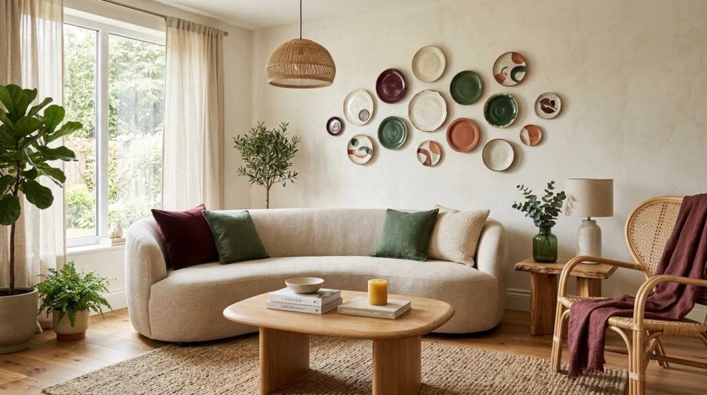 2026 small living room design trends featuring curved furniture and natural materials