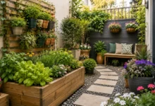 Beautiful mini garden for a small home featuring raised wooden garden beds, vertical wall planters, colorful flowers, lush greenery, hanging baskets, a stone pathway, and a cozy outdoor seating area.
