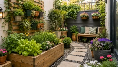 Beautiful mini garden for a small home featuring raised wooden garden beds, vertical wall planters, colorful flowers, lush greenery, hanging baskets, a stone pathway, and a cozy outdoor seating area.