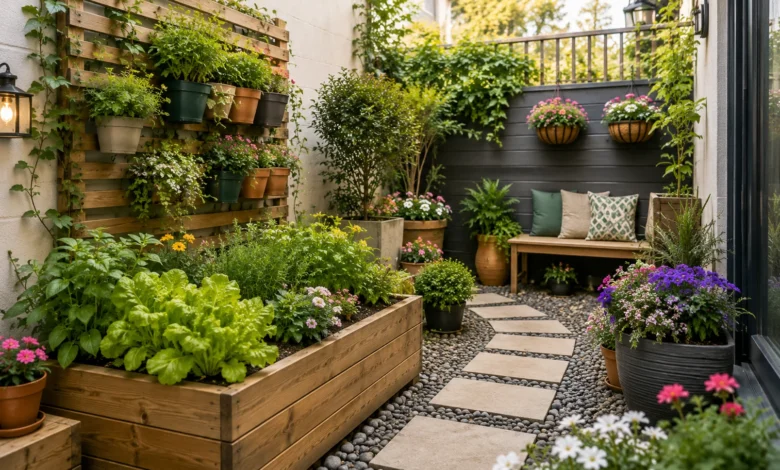 Beautiful mini garden for a small home featuring raised wooden garden beds, vertical wall planters, colorful flowers, lush greenery, hanging baskets, a stone pathway, and a cozy outdoor seating area.