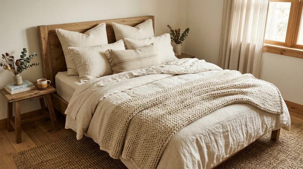 Layered linen bedding with cozy knit throw and decorative pillows in a modern farmhouse bedroom