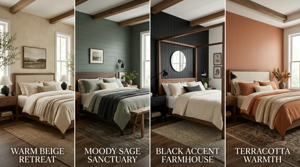 2026 modern farmhouse bedroom color palette featuring warm beige, sage green, cream, and walnut tones