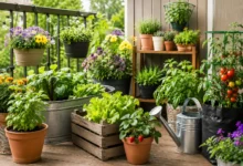 Container garden on a sunny balcony featuring potted vegetables, fresh herbs, colorful flowers, hanging planters, a tomato grow bag, and a watering can, showcasing an easy and productive small-space Container gardening setup.