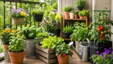 Container garden on a sunny balcony featuring potted vegetables, fresh herbs, colorful flowers, hanging planters, a tomato grow bag, and a watering can, showcasing an easy and productive small-space Container gardening setup.