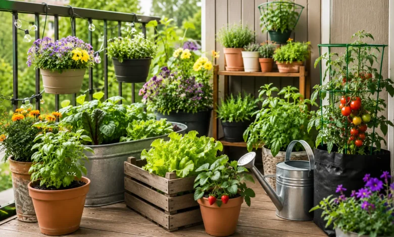 Container garden on a sunny balcony featuring potted vegetables, fresh herbs, colorful flowers, hanging planters, a tomato grow bag, and a watering can, showcasing an easy and productive small-space Container gardening setup.