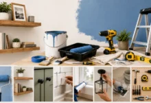 DIY home improvement workspace featuring painting supplies, floating shelves, power tools, ladder, caulking materials, cabinet hardware, and beginner-friendly renovation projects in a bright home setting.