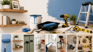 DIY home improvement workspace featuring painting supplies, floating shelves, power tools, ladder, caulking materials, cabinet hardware, and beginner-friendly renovation projects in a bright home setting.