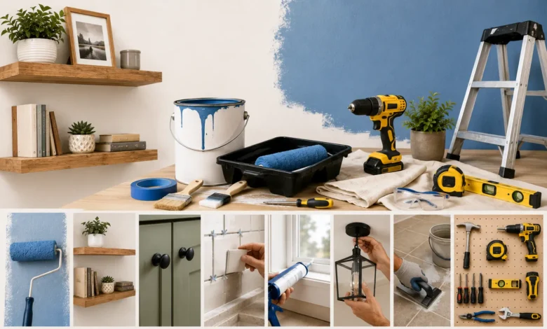 DIY home improvement workspace featuring painting supplies, floating shelves, power tools, ladder, caulking materials, cabinet hardware, and beginner-friendly renovation projects in a bright home setting.