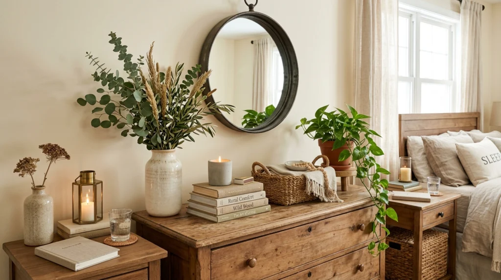 Modern farmhouse bedroom accessories including woven baskets, ceramic vases, greenery, and rustic accents