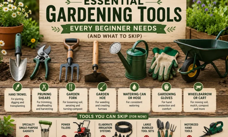 Essential Gardening Tools Every Beginner Needs (And What to Skip) featuring a collection of beginner gardening essentials including a hand trowel, pruning shears, garden fork, hoe, watering can, gloves, and wheelbarrow arranged in a clean garden setting.