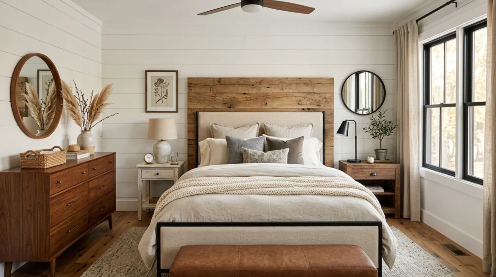 Modern farmhouse bedroom furniture with reclaimed wood bed, vintage nightstands, and rustic dresser