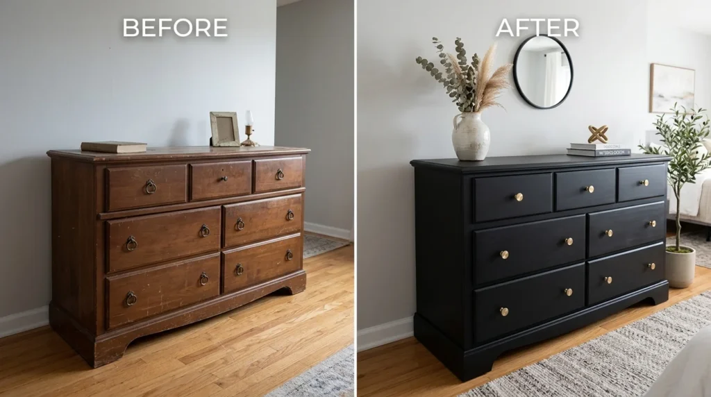 Refinished thrifted wooden furniture transformed into stylish designer-inspired home decor.