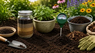 Gardening tools, layered soil sample in a glass jar, compost, potted plant, and a soil pH tester arranged on rich garden soil, illustrating how to test and improve soil health for healthier plant growth.