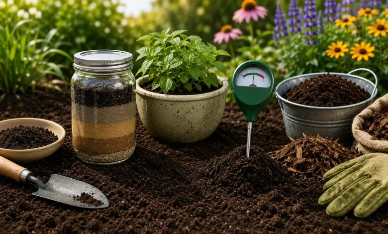 Gardening tools, layered soil sample in a glass jar, compost, potted plant, and a soil pH tester arranged on rich garden soil, illustrating how to test and improve soil health for healthier plant growth.