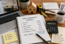 Home improvement budget planning workspace featuring a notebook with renovation costs, calculator, laptop, blueprint plans, measuring tape, material samples, and budgeting tools for a remodeling project.