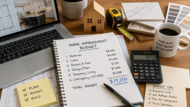 Home improvement budget planning workspace featuring a notebook with renovation costs, calculator, laptop, blueprint plans, measuring tape, material samples, and budgeting tools for a remodeling project.